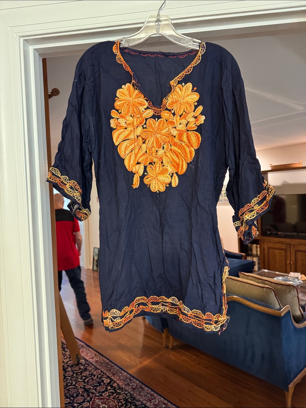 Vintage, 1970’s handmade, Navy Women’s Tunic Top with Orange Floral Embroidery